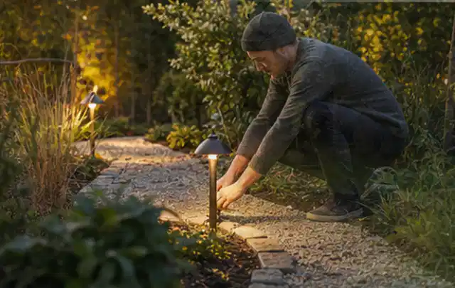 Person richtet eine niedrige warm leuchtende Gartenlampe am Kiesweg aus; Thema Whirlpools, Schwerpunkt Anwendung; Ergebnis.