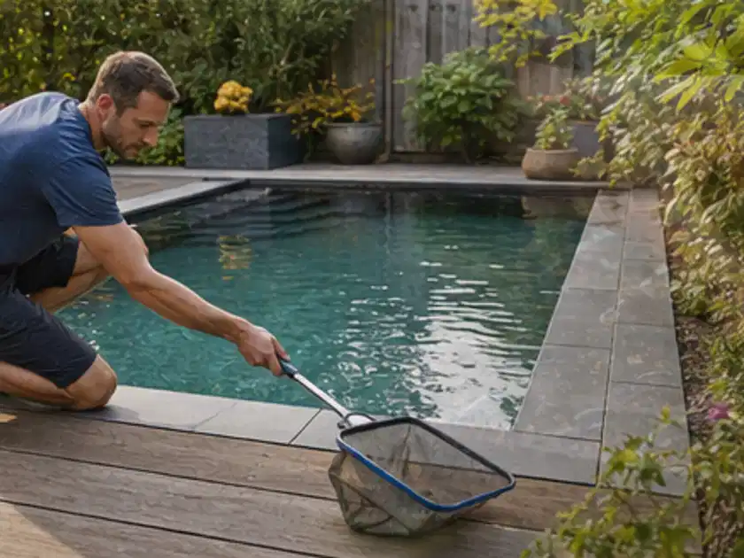 Person entfernt Blätter mit einem Kescher aus einem kleinen Gartenpool; Thema Whirlpools, Schwerpunkt Bestenliste; Titelbild.