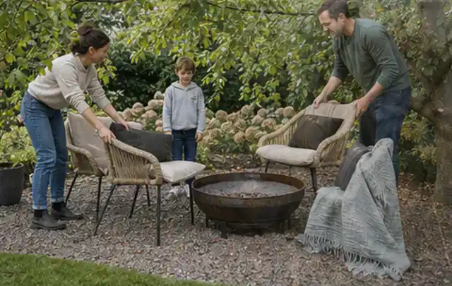 Familie stellt wetterfeste Sessel an einem geschützten Sitzplatz im Garten auf; Thema Whirlpools, Schwerpunkt Bestenliste; Praxisalltag.