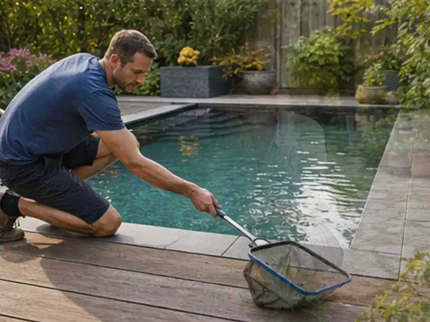 Person entfernt Blätter mit einem Kescher aus einem kleinen Gartenpool; Thema Whirlpools, Schwerpunkt Checkliste; Titelbild.