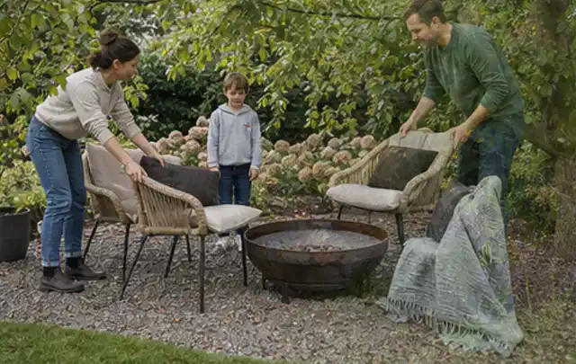Familie stellt wetterfeste Sessel an einem geschützten Sitzplatz im Garten auf; Thema Whirlpools, Schwerpunkt Checkliste; Kontrolle.
