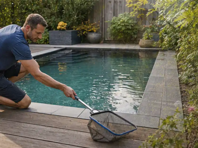 Person entfernt Blätter mit einem Kescher aus einem kleinen Gartenpool; Thema Whirlpools, Schwerpunkt Dimensionierung; Titelbild.