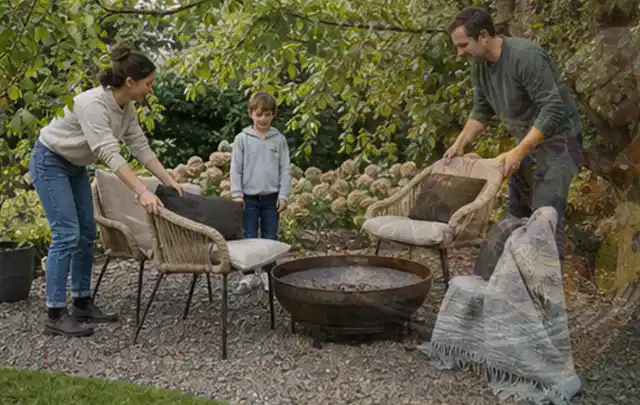 Familie stellt wetterfeste Sessel an einem geschützten Sitzplatz im Garten auf; Thema Whirlpools, Schwerpunkt Dimensionierung; Umsetzung.