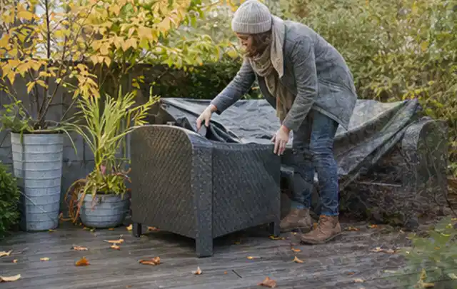 Person deckt Gartenmöbel vor der kalten Jahreszeit sorgfältig ab; Thema Whirlpools, Schwerpunkt Dimensionierung; Praxisalltag.