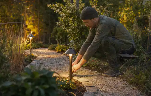 Person richtet eine niedrige warm leuchtende Gartenlampe am Kiesweg aus; Thema Whirlpools, Schwerpunkt Ersatzteile; Ausgangslage.