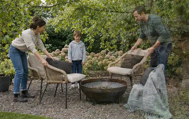 Familie stellt wetterfeste Sessel an einem geschützten Sitzplatz im Garten auf; Thema Whirlpools, Schwerpunkt Ersatzteile; Praxisalltag.