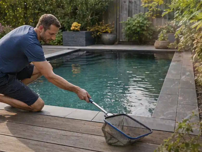 Person entfernt Blätter mit einem Kescher aus einem kleinen Gartenpool; Thema Whirlpools, Schwerpunkt Fehlerhilfe; Titelbild.