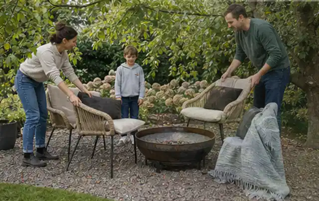 Familie stellt wetterfeste Sessel an einem geschützten Sitzplatz im Garten auf; Thema Whirlpools, Schwerpunkt Fehlerhilfe; Kontrolle.