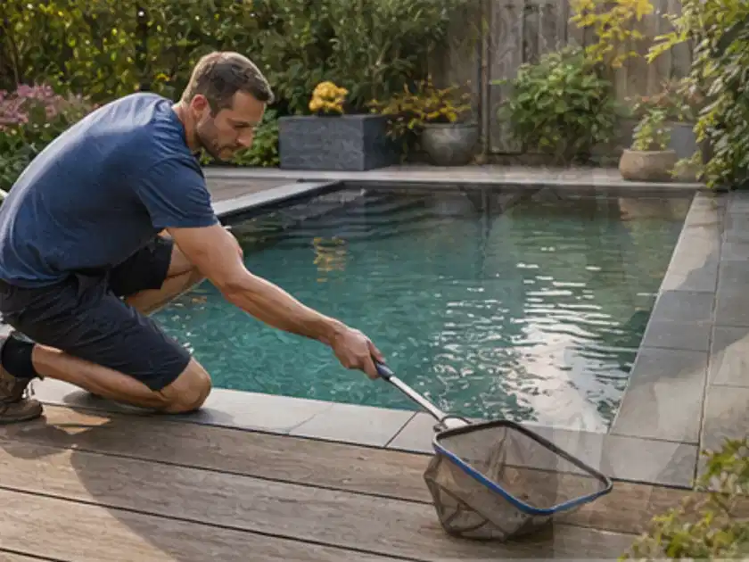 Person entfernt Blätter mit einem Kescher aus einem kleinen Gartenpool; Thema Whirlpools, Schwerpunkt Gärten mit großer Fläche; Titelbild.