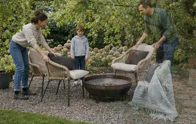 Familie stellt wetterfeste Sessel an einem geschützten Sitzplatz im Garten auf; Thema Whirlpools, Schwerpunkt Gärten mit großer Fläche; Praxisalltag.