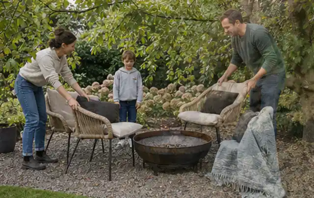 Familie stellt wetterfeste Sessel an einem geschützten Sitzplatz im Garten auf; Thema Whirlpools, Schwerpunkt Gärten mit kleiner Fläche; Ausgangslage.