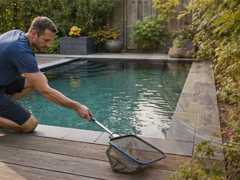 Person entfernt Blätter mit einem Kescher aus einem kleinen Gartenpool; Thema Whirlpools, Schwerpunkt Kaufberatung; Titelbild.