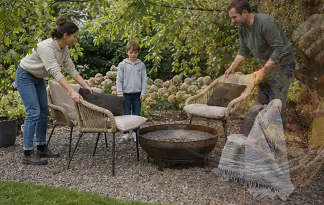 Familie stellt wetterfeste Sessel an einem geschützten Sitzplatz im Garten auf; Thema Whirlpools, Schwerpunkt Kaufberatung; Ausgangslage.