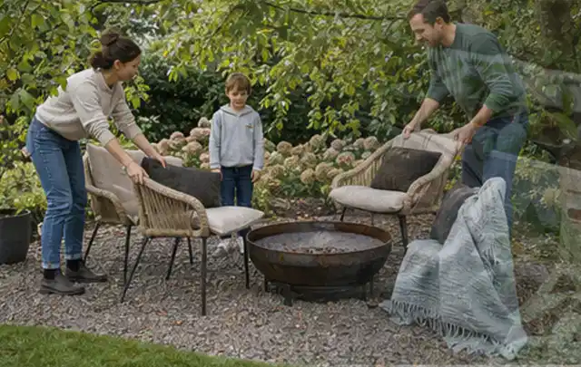 Familie stellt wetterfeste Sessel an einem geschützten Sitzplatz im Garten auf; Thema Whirlpools, Schwerpunkt Kosten; Ausgangslage.