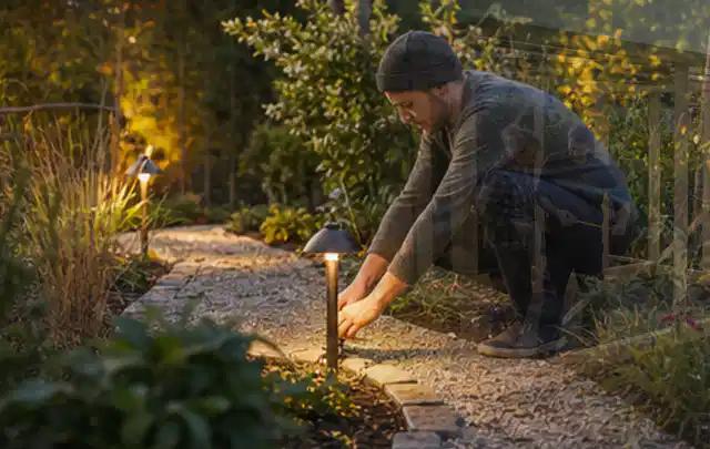 Person richtet eine niedrige warm leuchtende Gartenlampe am Kiesweg aus; Thema Whirlpools, Schwerpunkt Kosten; Umsetzung.