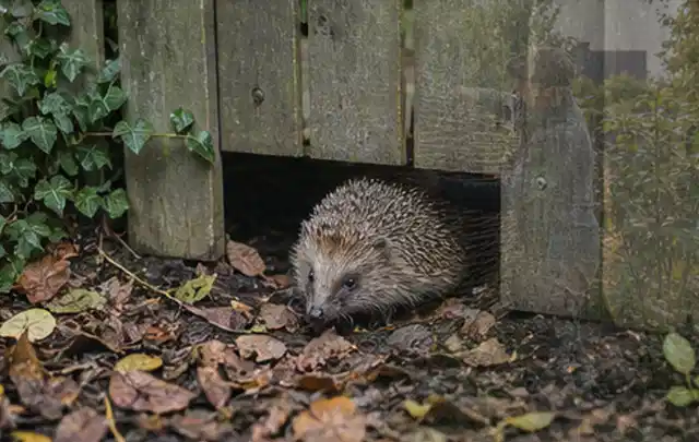 Igel nutzt einen bodennahen Durchgang unter einem hölzernen Gartenzaun; Thema Whirlpools, Schwerpunkt Leistung; Kontrolle.
