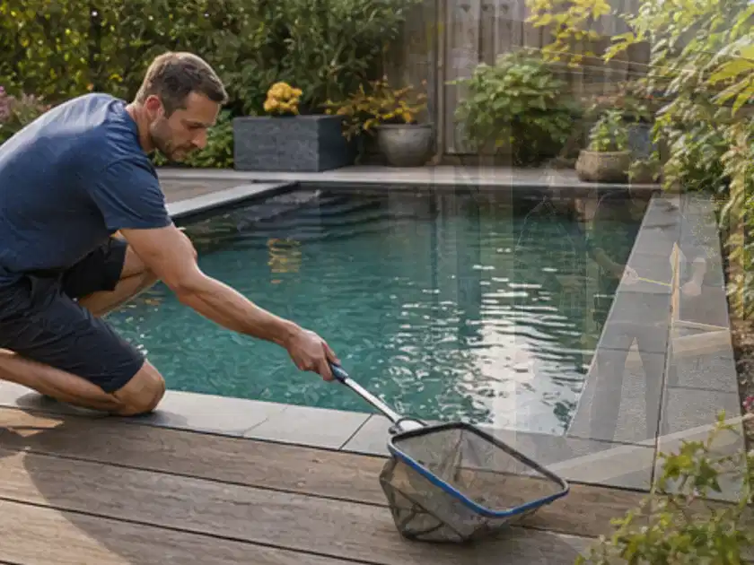 Person entfernt Blätter mit einem Kescher aus einem kleinen Gartenpool; Thema Whirlpools, Schwerpunkt Nachhaltigkeit; Titelbild.