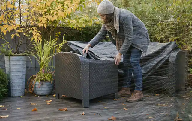 Person deckt Gartenmöbel vor der kalten Jahreszeit sorgfältig ab; Thema Whirlpools, Schwerpunkt Nachhaltigkeit; Umsetzung.