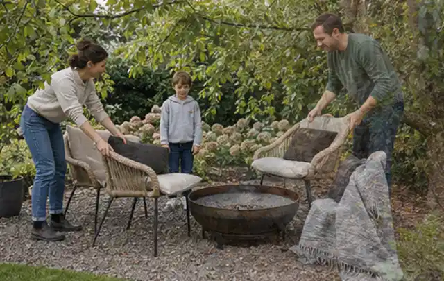 Familie stellt wetterfeste Sessel an einem geschützten Sitzplatz im Garten auf; Thema Whirlpools, Schwerpunkt Nachhaltigkeit; Ergebnis.
