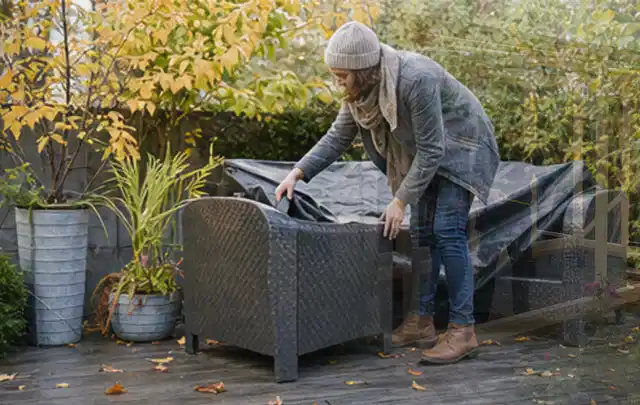 Person deckt Gartenmöbel vor der kalten Jahreszeit sorgfältig ab; Thema Whirlpools, Schwerpunkt Outdoor Freizeit; Kontrolle.