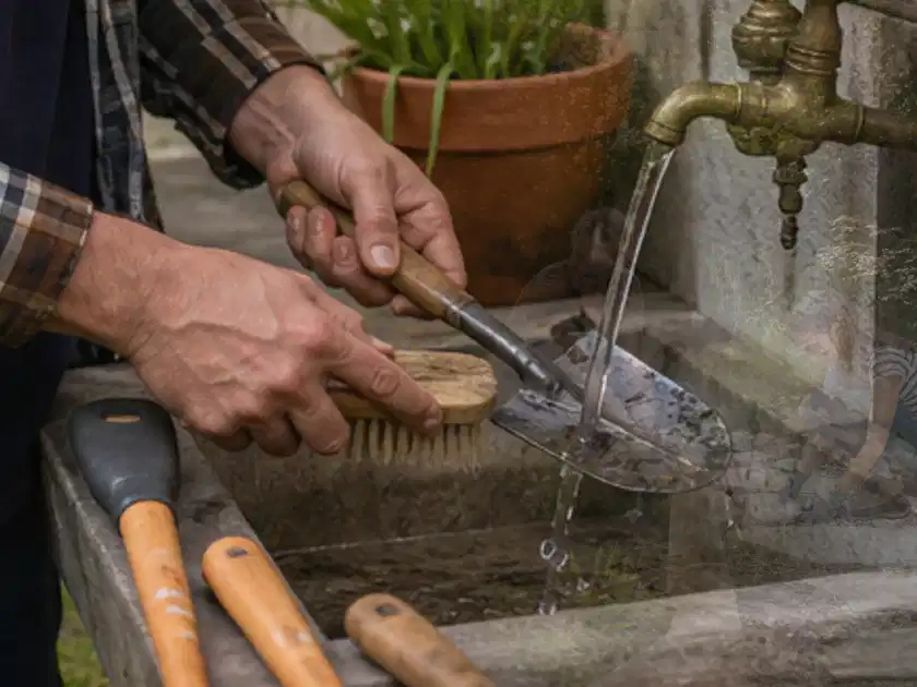 Hände reinigen gebrauchte Gartengeräte mit Bürste und Wasser am Außenbecken; Thema Whirlpools, Schwerpunkt Reinigung; Titelbild.