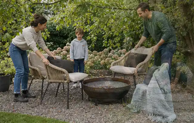 Familie stellt wetterfeste Sessel an einem geschützten Sitzplatz im Garten auf; Thema Whirlpools, Schwerpunkt Reinigung; Ausgangslage.