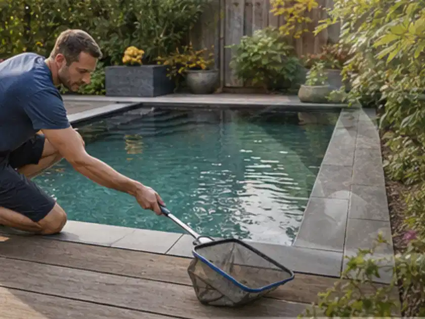 Person entfernt Blätter mit einem Kescher aus einem kleinen Gartenpool; Thema Whirlpools, Schwerpunkt Reparatur; Titelbild.