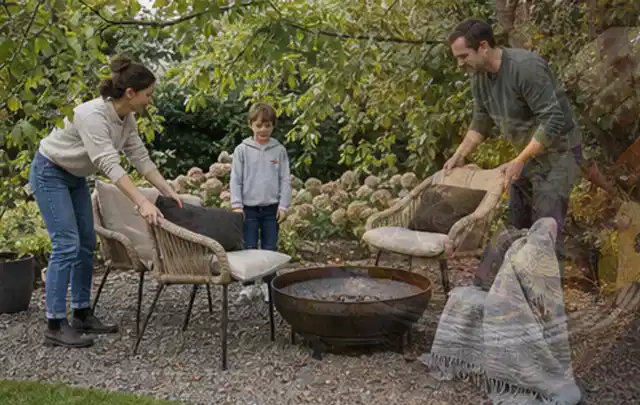 Familie stellt wetterfeste Sessel an einem geschützten Sitzplatz im Garten auf; Thema Whirlpools, Schwerpunkt Reparatur; Kontrolle.