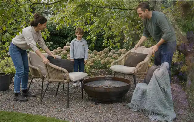Familie stellt wetterfeste Sessel an einem geschützten Sitzplatz im Garten auf; Thema Whirlpools, Schwerpunkt Sicherheit; Ergebnis.