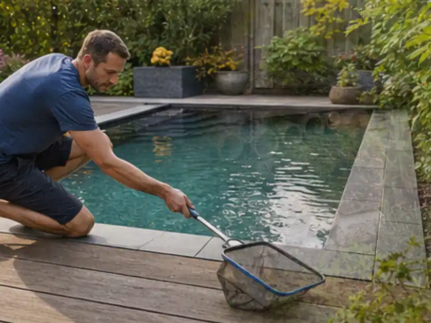 Person entfernt Blätter mit einem Kescher aus einem kleinen Gartenpool; Thema Whirlpools, Schwerpunkt Systemvergleich; Titelbild.