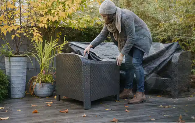 Person deckt Gartenmöbel vor der kalten Jahreszeit sorgfältig ab; Thema Whirlpools, Schwerpunkt Systemvergleich; Umsetzung.