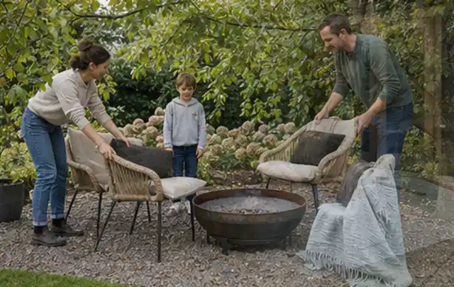 Familie stellt wetterfeste Sessel an einem geschützten Sitzplatz im Garten auf; Thema Whirlpools, Schwerpunkt Systemvergleich; Praxisalltag.