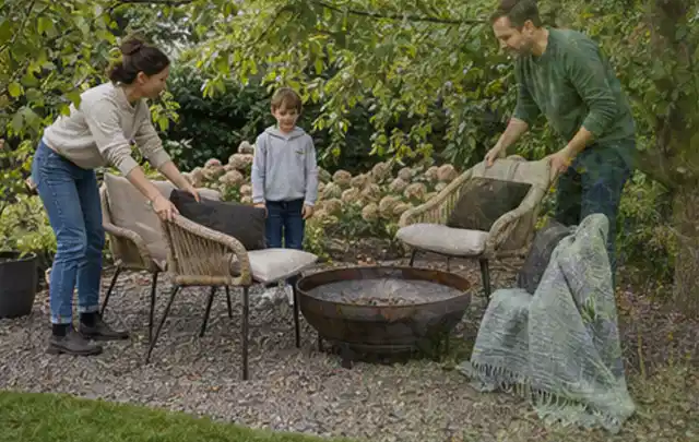 Familie stellt wetterfeste Sessel an einem geschützten Sitzplatz im Garten auf; Thema Whirlpools, Schwerpunkt Wartung; Ergebnis.