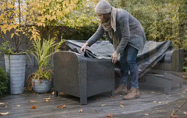 Person deckt Gartenmöbel vor der kalten Jahreszeit sorgfältig ab; Thema Whirlpools, Schwerpunkt Winterlager; Ausgangslage.
