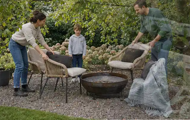 Familie stellt wetterfeste Sessel an einem geschützten Sitzplatz im Garten auf; Thema Whirlpools, Schwerpunkt Winterlager; Ergebnis.