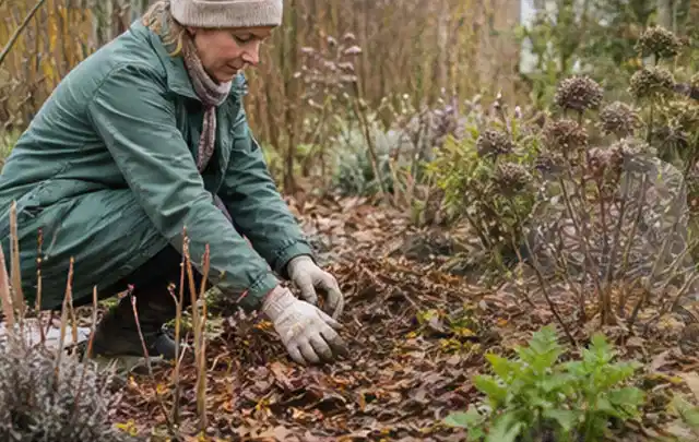 Person verteilt eine schützende Mulchschicht zwischen winterlichen Stauden; Thema Wildblumen, Schwerpunkt Bewässerung; Ausgangslage.