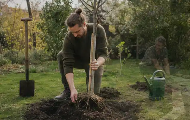 Person setzt einen jungen Zierbaum in ein vorbereitetes Pflanzloch im Garten; Thema Wildblumen, Schwerpunkt Bewässerung; Ergebnis.