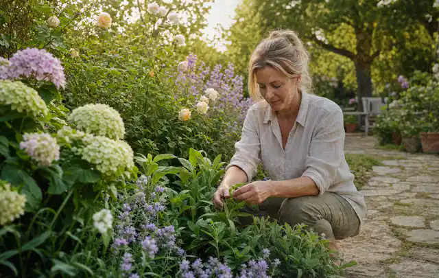 Person pflegt üppige Pflanzen in einem natürlich beleuchteten Garten; Thema Wildblumen, Schwerpunkt Blumen; Ausgangslage.