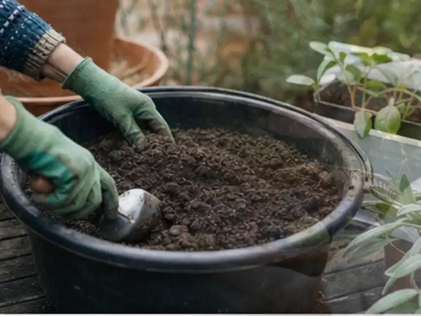 Behandschuhte Hände bereiten lockere Pflanzerde in einem großen Kübel vor; Thema Wildblumen, Schwerpunkt Boden; Titelbild.