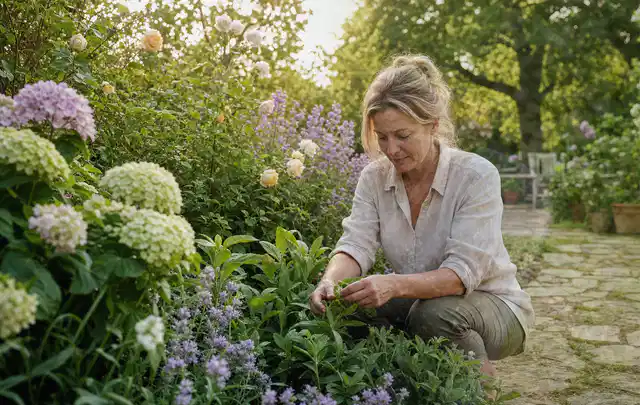 Person pflegt üppige Pflanzen in einem natürlich beleuchteten Garten; Thema Wildblumen, Schwerpunkt Düngung; Praxisalltag.