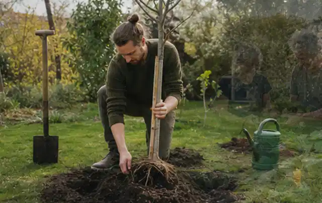 Person setzt einen jungen Zierbaum in ein vorbereitetes Pflanzloch im Garten; Thema Wildblumen, Schwerpunkt Einsteigerwissen; Ergebnis.