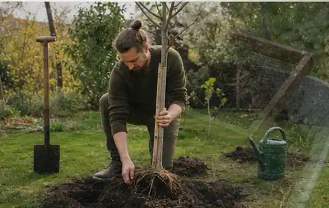 Person setzt einen jungen Zierbaum in ein vorbereitetes Pflanzloch im Garten; Thema Wildblumen, Schwerpunkt Fehlerhilfe; Ergebnis.