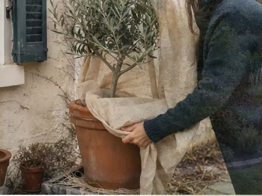 Person umhüllt eine mediterrane Kübelpflanze mit atmungsaktivem Winterschutz; Thema Wildblumen, Schwerpunkt Gartenpraxis; Titelbild.