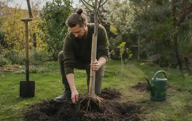 Person setzt einen jungen Zierbaum in ein vorbereitetes Pflanzloch im Garten; Thema Wildblumen, Schwerpunkt Gartenpraxis; Praxisalltag.