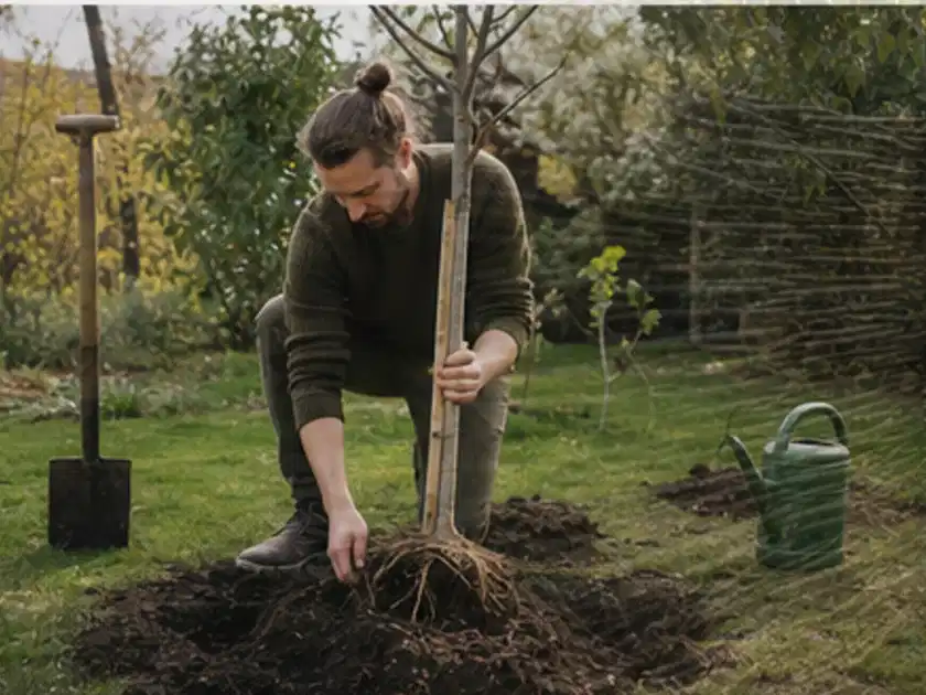 Person setzt einen jungen Zierbaum in ein vorbereitetes Pflanzloch im Garten; Thema Wildblumen, Schwerpunkt Jahrespflege; Titelbild.