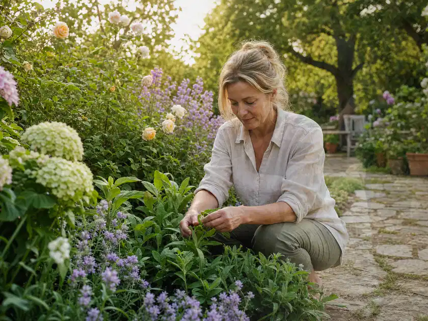Person pflegt üppige Pflanzen in einem natürlich beleuchteten Garten; Thema Wildblumen, Schwerpunkt Kaufberatung; Titelbild.