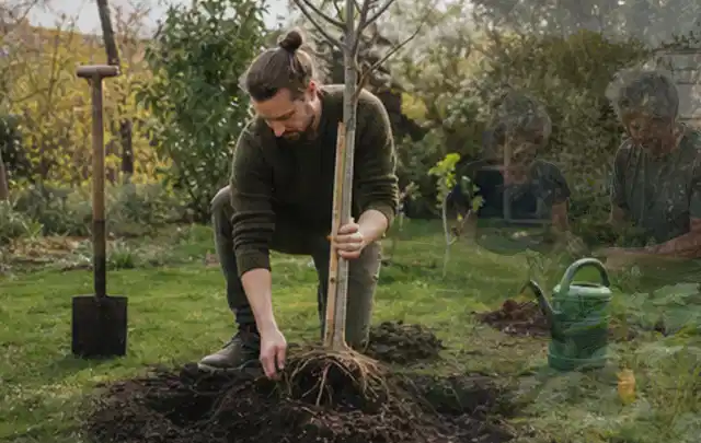 Person setzt einen jungen Zierbaum in ein vorbereitetes Pflanzloch im Garten; Thema Wildblumen, Schwerpunkt Kaufberatung; Ergebnis.