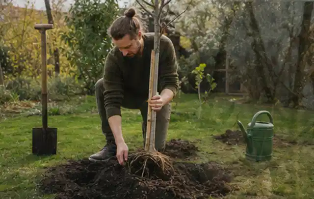 Person setzt einen jungen Zierbaum in ein vorbereitetes Pflanzloch im Garten; Thema Wildblumen, Schwerpunkt Pflanzengesundheit; Ausgangslage.