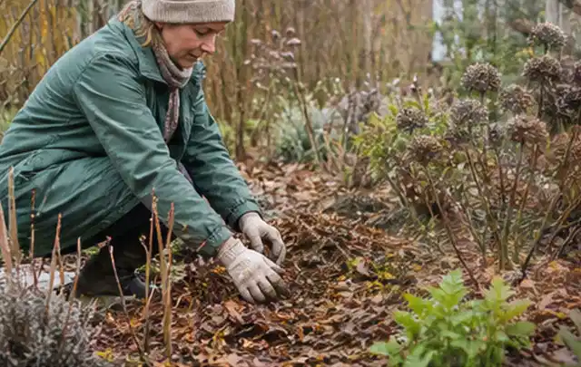 Person verteilt eine schützende Mulchschicht zwischen winterlichen Stauden; Thema Wildblumen, Schwerpunkt Pflanzengesundheit; Kontrolle.