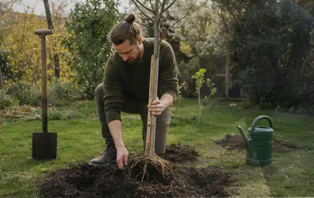 Person setzt einen jungen Zierbaum in ein vorbereitetes Pflanzloch im Garten; Thema Wildblumen, Schwerpunkt Pflanzenschutz; Ausgangslage.